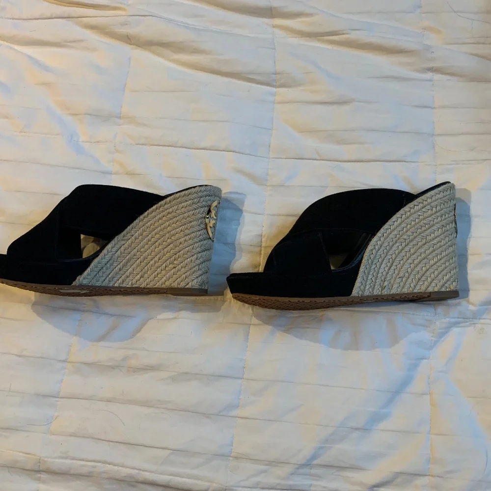 Tory Burch Black Suede Leather Platform Wedge Slides sz 8.5 M